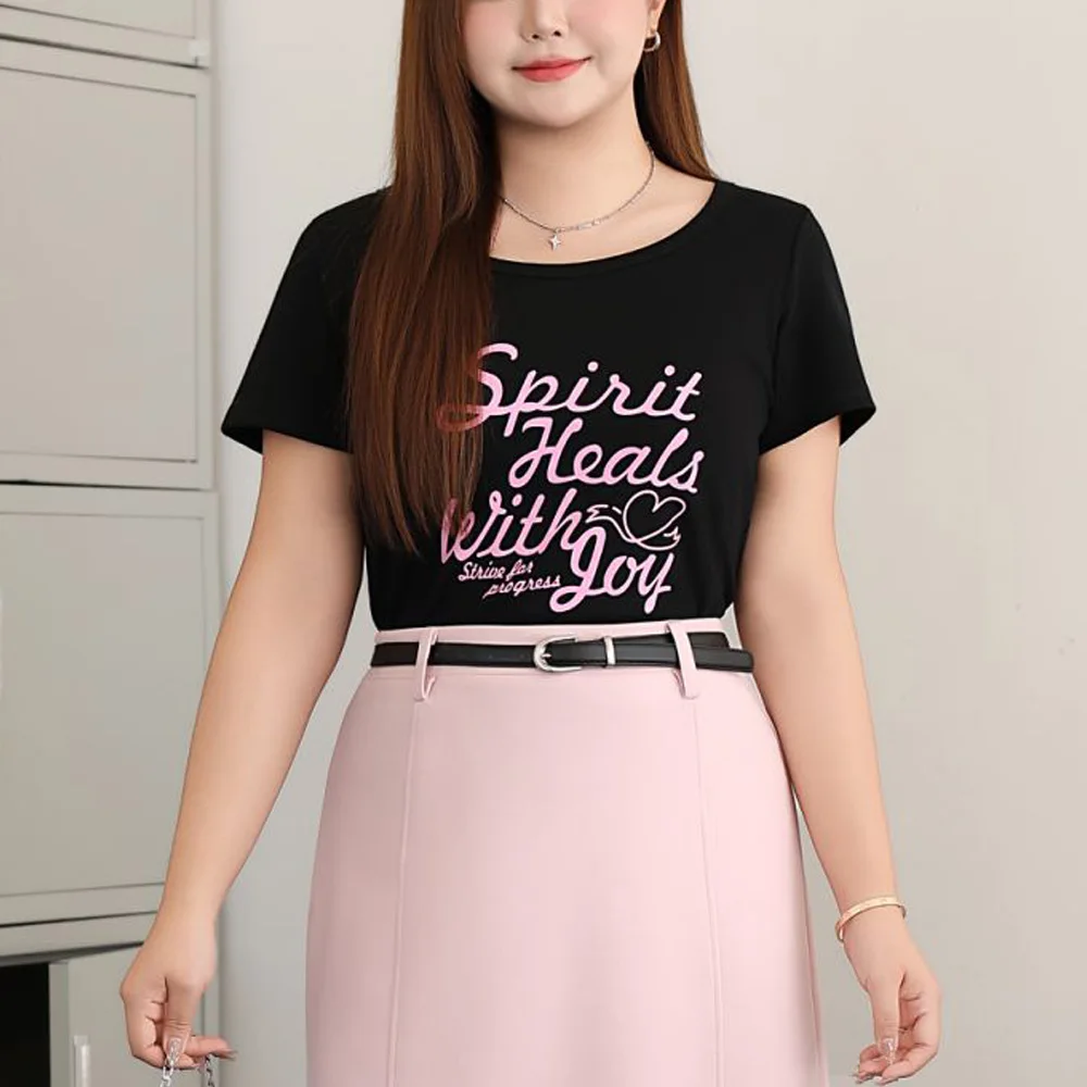 Cool And Contrasting Color Letter Printed T-shirt Plus Size Women Premium Casual short-sleeved Tops 9238