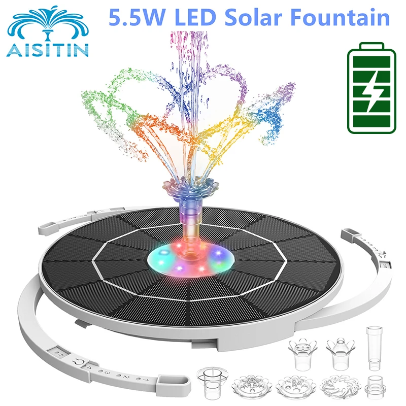 AISITIN 5.5W LED Solar Fountain Solar Water Fountains 3000mAh Battery 6 Nozzles Bird Bath Garden Outdoor