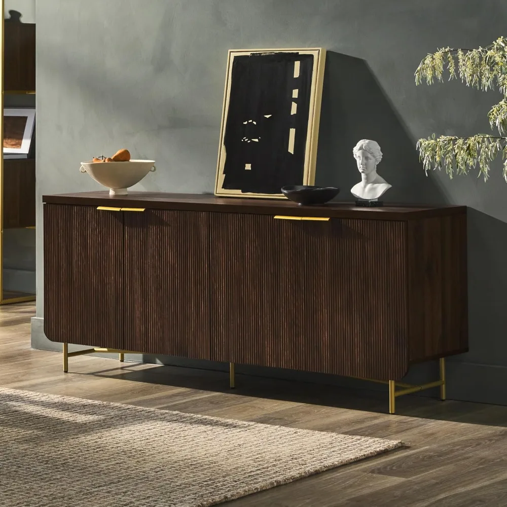Modern Fluted Door Kitchen Storage Sideboard Buffet Cabinet Console, 69 Inch, Gold,dark Walnut