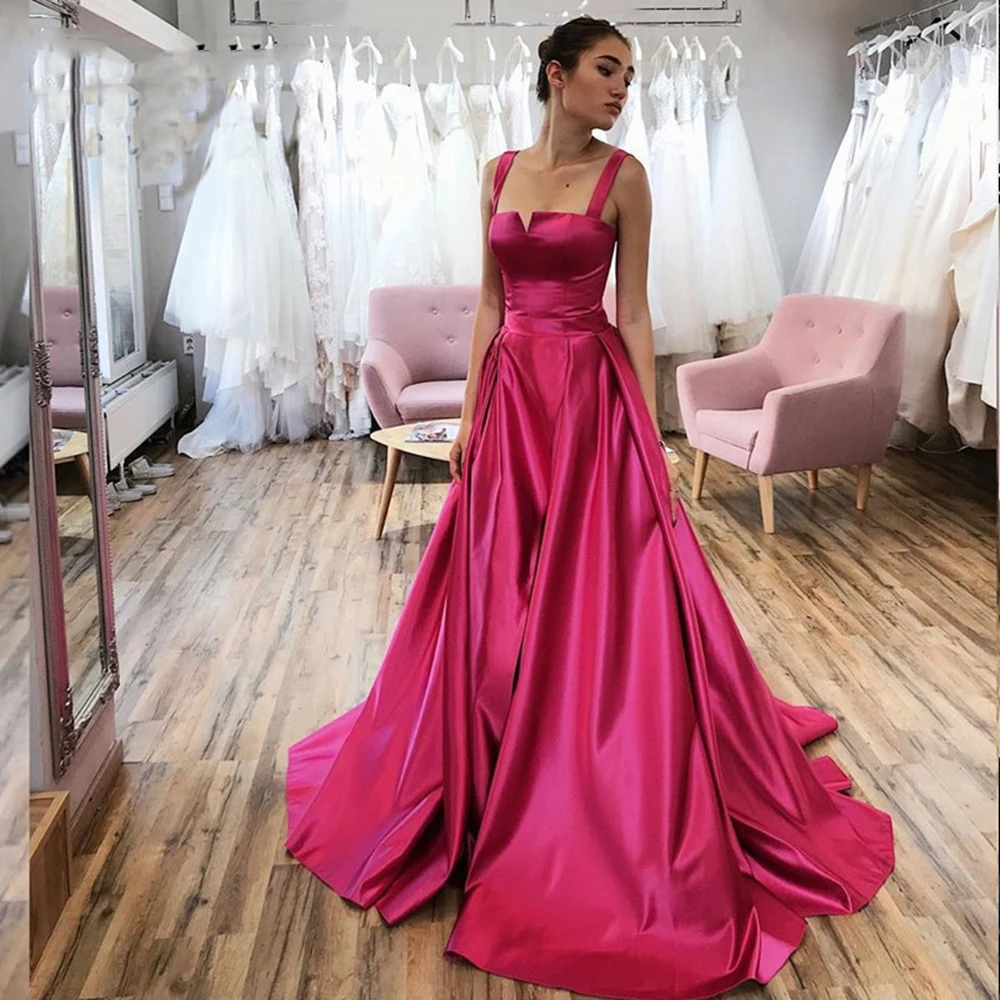2022 Elegantes A Line Rose Red Prom Dresses Spaghetti Sleeveless Zipper Back Simple Satin Formal Evening Gowns Sweep Train sage green prom dress Prom Dresses