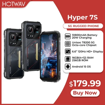 HOTWAV Hyper 7S Rugged Cell Phone Android 15 10800mAh 20W Mobile Phone 5G 4GB 256GB 6.6'' 120Hz Display