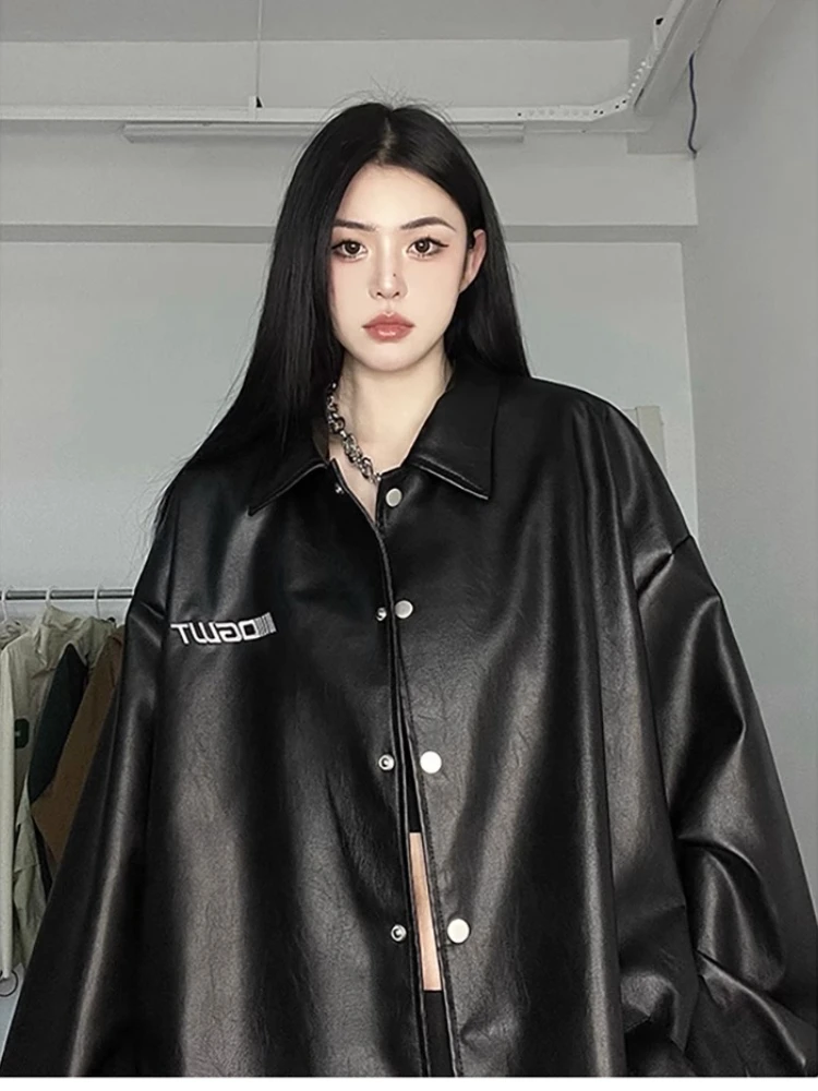 

Fashion Pu Leather Jacket and Coats Women Fall Y2k Oversize Long Sleeve Tops Female Punk Gothic Faux Leather Outwear Clothes New