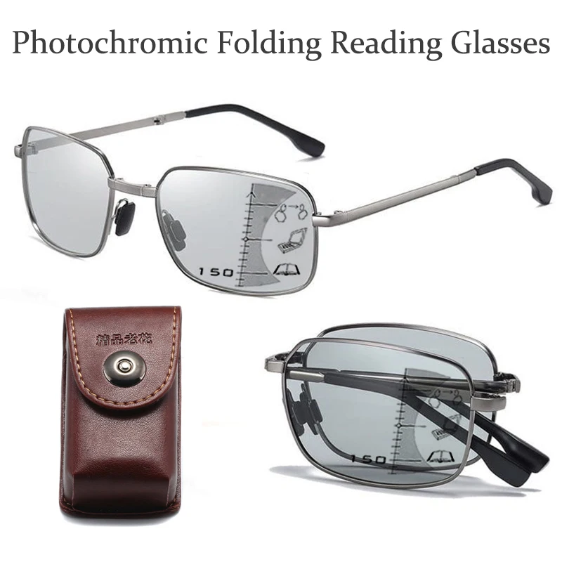 

Folding Photochromic Reading Glasses Portable Progressive Glasses Multi-focal Anti-blue Ray Presbyopia Glasses With Original Box