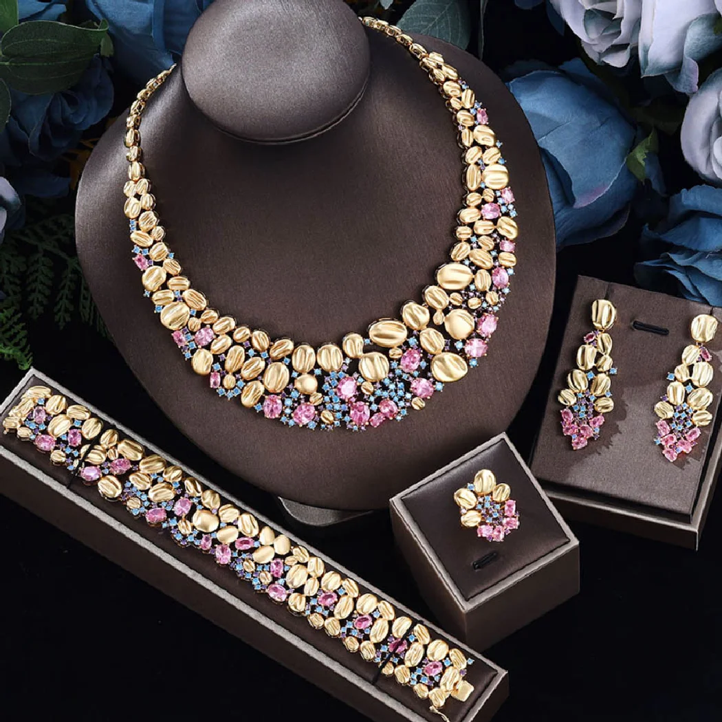 

Trendy Luxury Dubai gold CZ zircon wedding necklace earring bracelet ring 4pc set brand women's bridal necklace set free ship