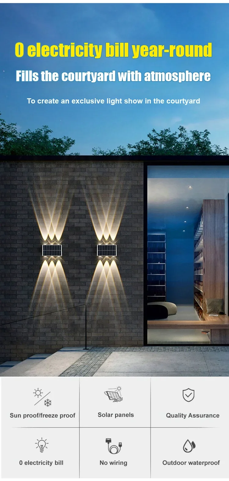 Description Picture 4 of item12LED Solar Light Wall Lamp RGB Gradient Color Up And Down Luminous Lighting Balcony Yard Garden Exterior Wall Washing Lamp