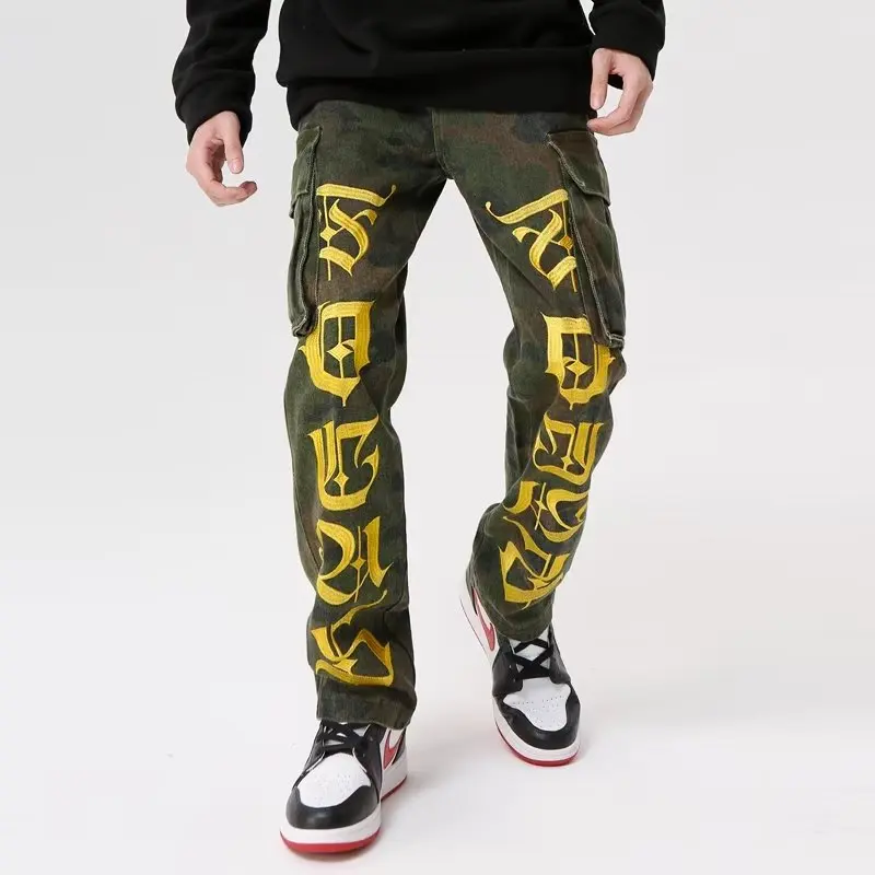 2023 Vibe Stil Brief Stickerei Camouflage Baggy Männer Cargo Hosen Gerade Hip Hop Lange Hosen Taktische Bekleidung Ropa Hombre – Detail 4
