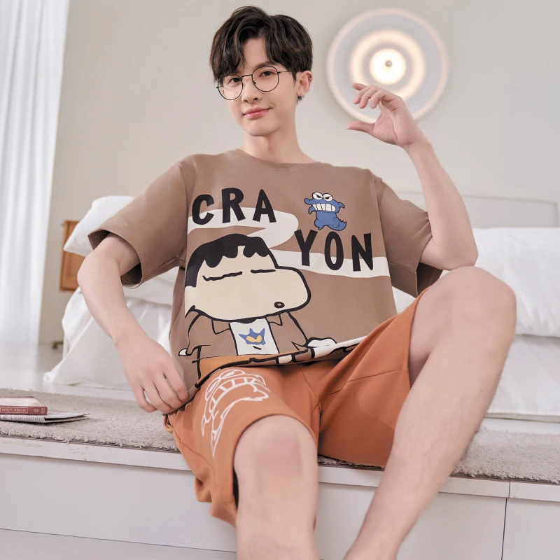 2024 Summer Men's Pajamas Sets Knitted Cotton Cartoon Shorts Loose Pijamas For Sleeping Fashion Mens Sleepwear Students Homewear
