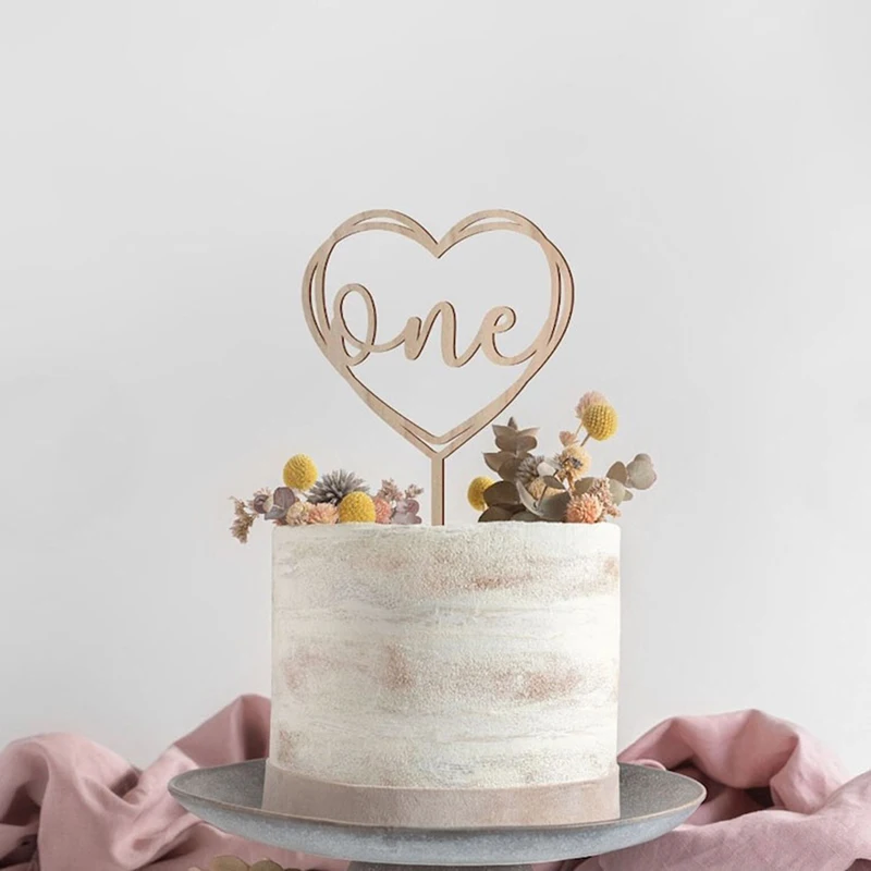 New Wooden One Baby Happy Birthday Cake Toppers Love One Newborn Birthday Cake Topper for Baby Birthday Party Cake Decorations