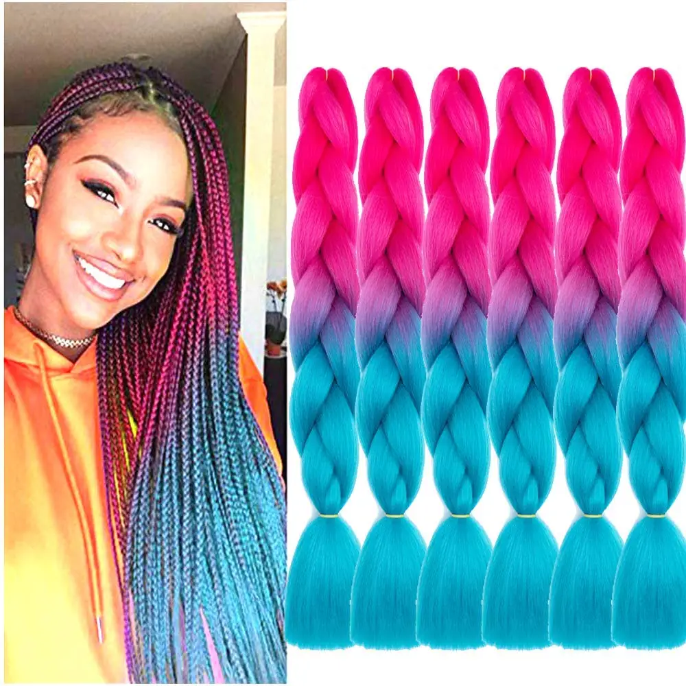 

Gradient Color Braided Hair Peach to Blue African Jumbo Braided Hair Extensions 2 Shades Womens Twisted Crochet on promotion