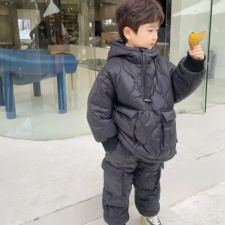 Childrens Winter Clothing Boys Cotton Suit Baby Winter Cotton Jacket Plush and Thickened Two-piece Set