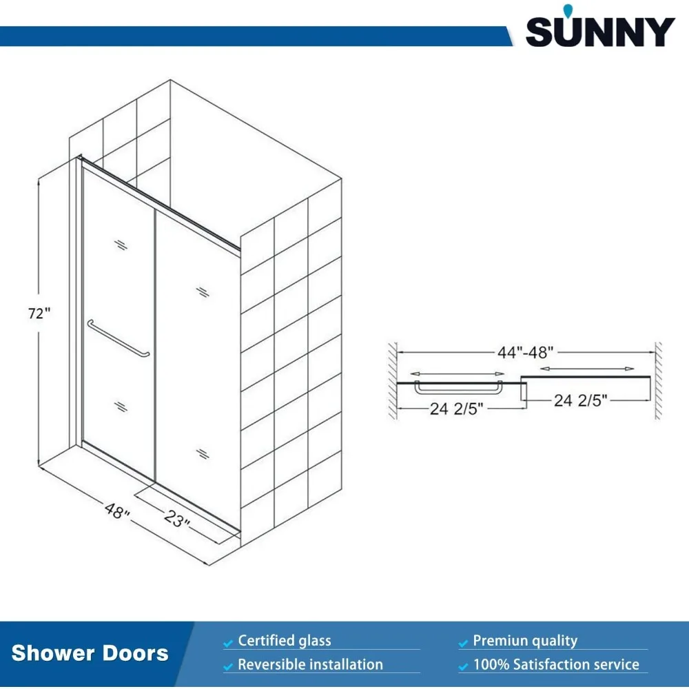 Semi-Frameless Sliding Shower Doors Shower Enclosure with 1/4" Clear Glass Bath Door Screen Chrome Finish Shower Glass Door 6