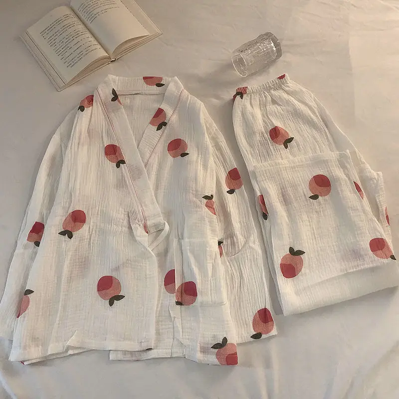 Kimono pajamas women's spring and autumn pijama mujer long-sleeved pyjama pour femme 2023 new cute peach home clothes