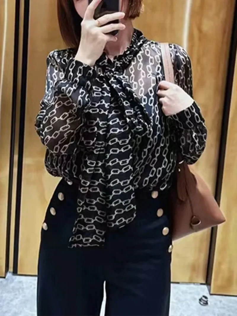 

Spring New Women's OL Blouse Chain Print Ribbon Collar Long Sleeve Silk Shirt