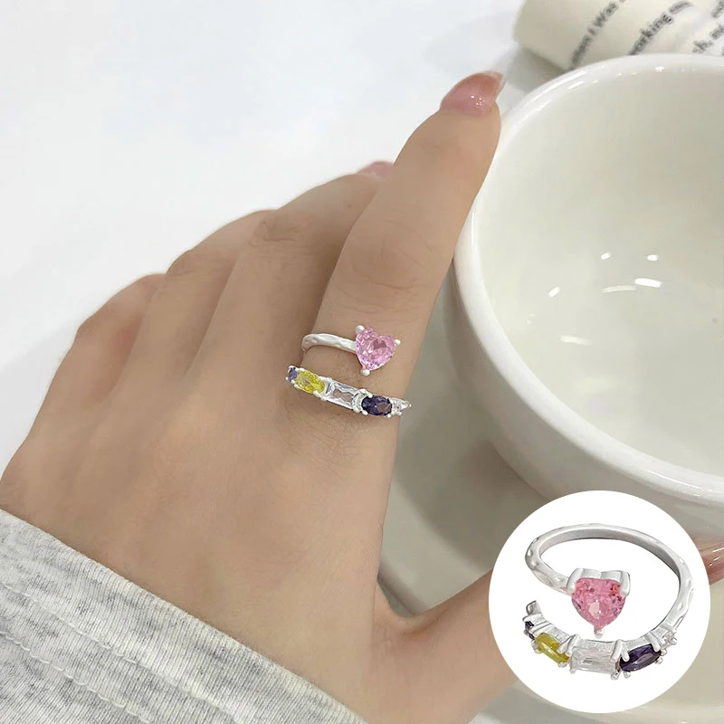 100% 925 Sterling Silver Zircon Love Heart Open Ring for Women Girl Simple Geometric Design Jewelry Party Gift Dropshipping