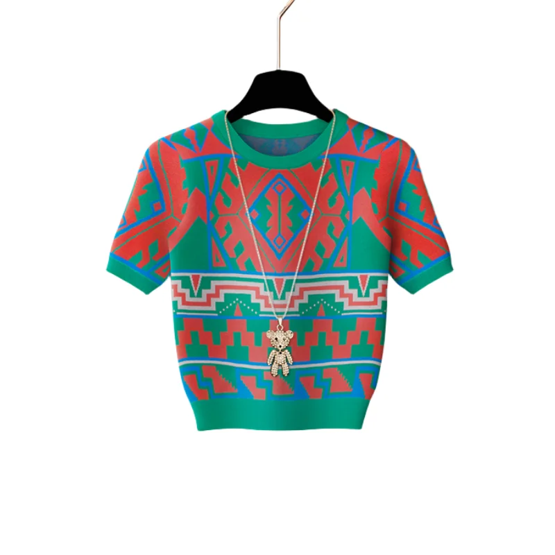 Summer Vintage Patchwork Geometric Pattern Knitted Sweater Women Fashion O-Neck Short Sleeve Knitted Pullover Tops Knitwear 2