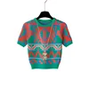 Summer Vintage Patchwork Geometric Pattern Knitted Sweater Women Fashion O-Neck Short Sleeve Knitted Pullover Tops Knitwear 2