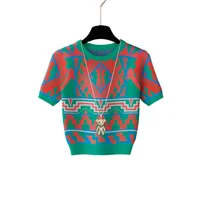 Summer Vintage Patchwork Geometric Pattern Knitted Sweater Women Fashion O-Neck Short Sleeve Knitted Pullover Tops Knitwear 2