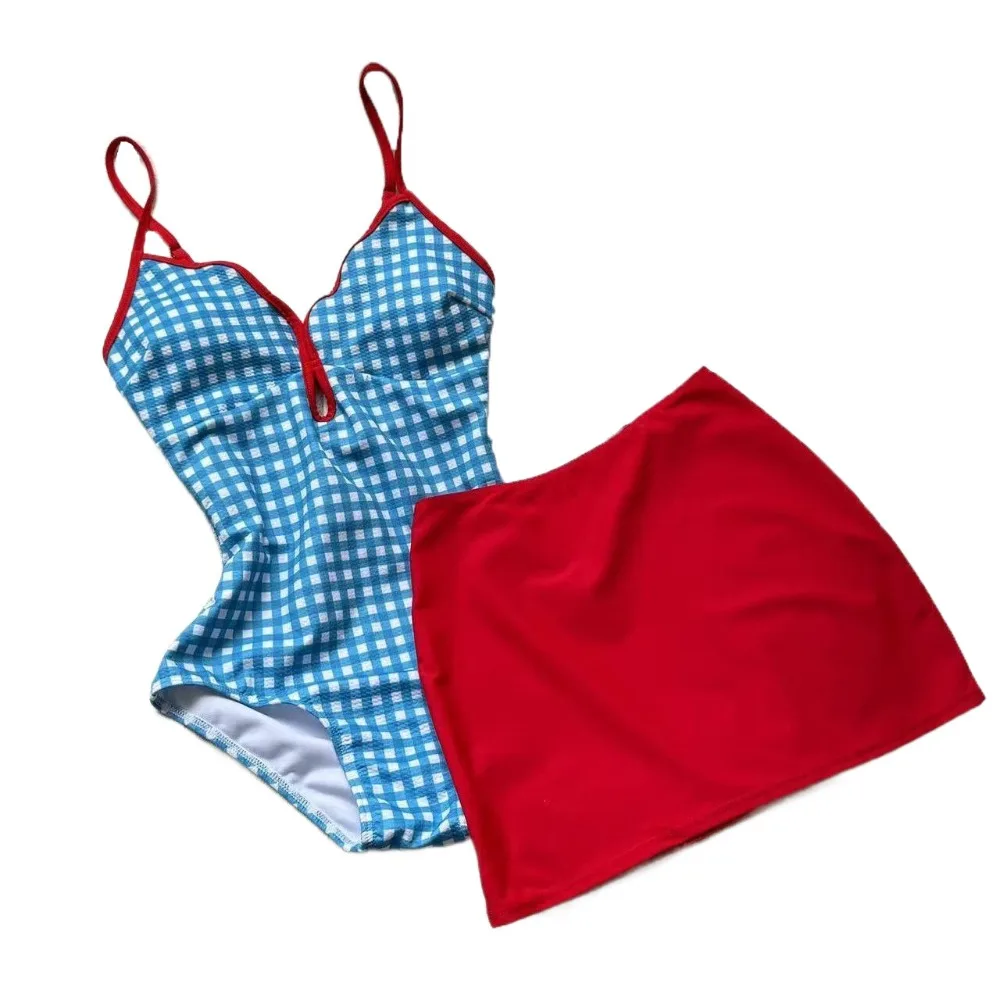 Slimming Design Plaid Swimsuit Suit Conservative Style Scalloped Rim Skirt Bathing Suit Fresh Blue Swimwear Bikini Set 1