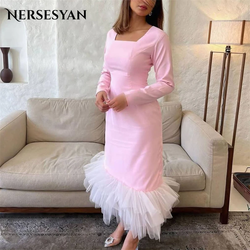 

Nersesyan Mermaid Pink Long Sleeves Evening Dresses Sequare Collar Tiered Tulle Pleats Party Gowns Homecoming Prom Dress 2023