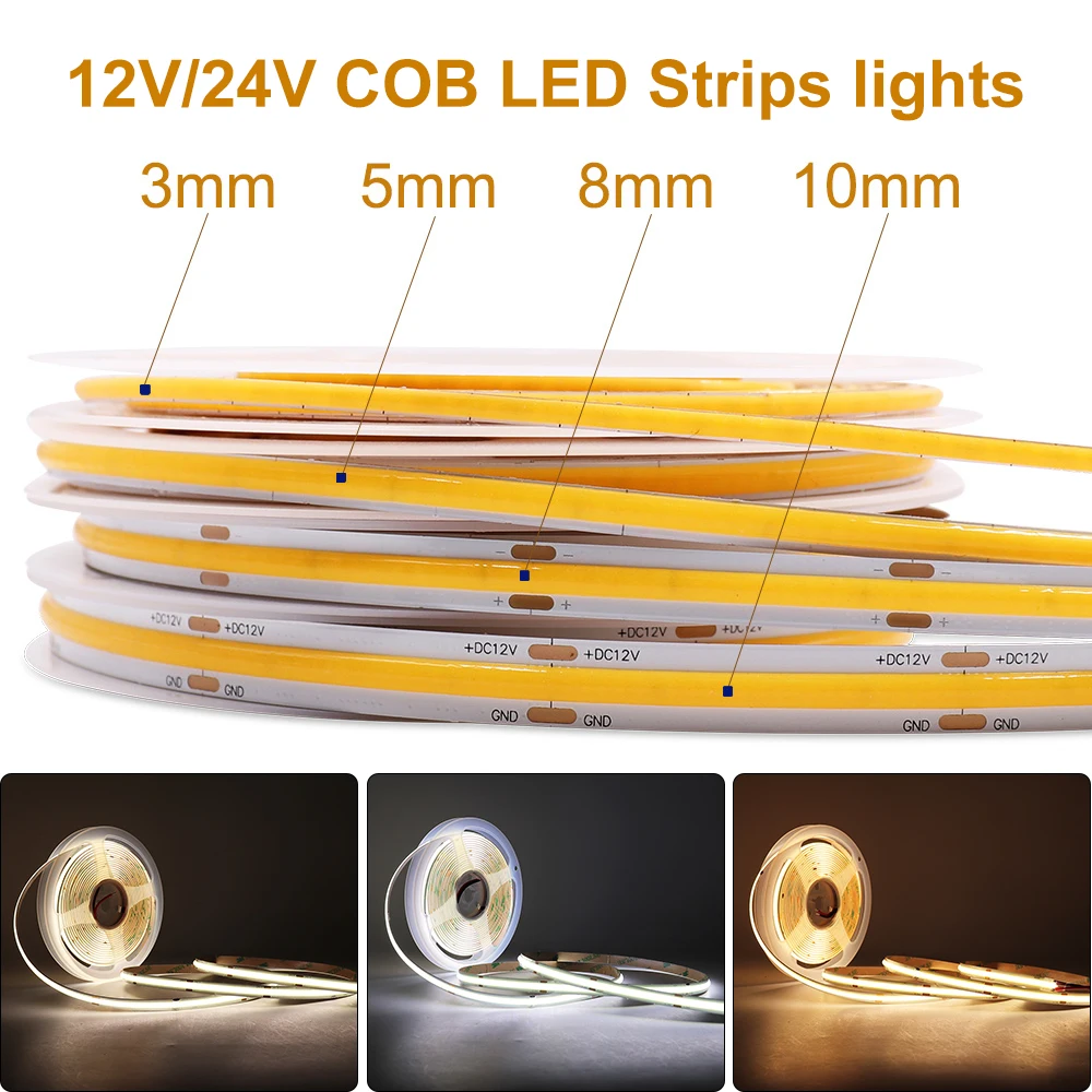 

5M/10M COB LED Strips Lights 320 480 528 LED High Density Flexible RA90 Warm Nature Cool White Linear Dimmable 12V/24V Led Light