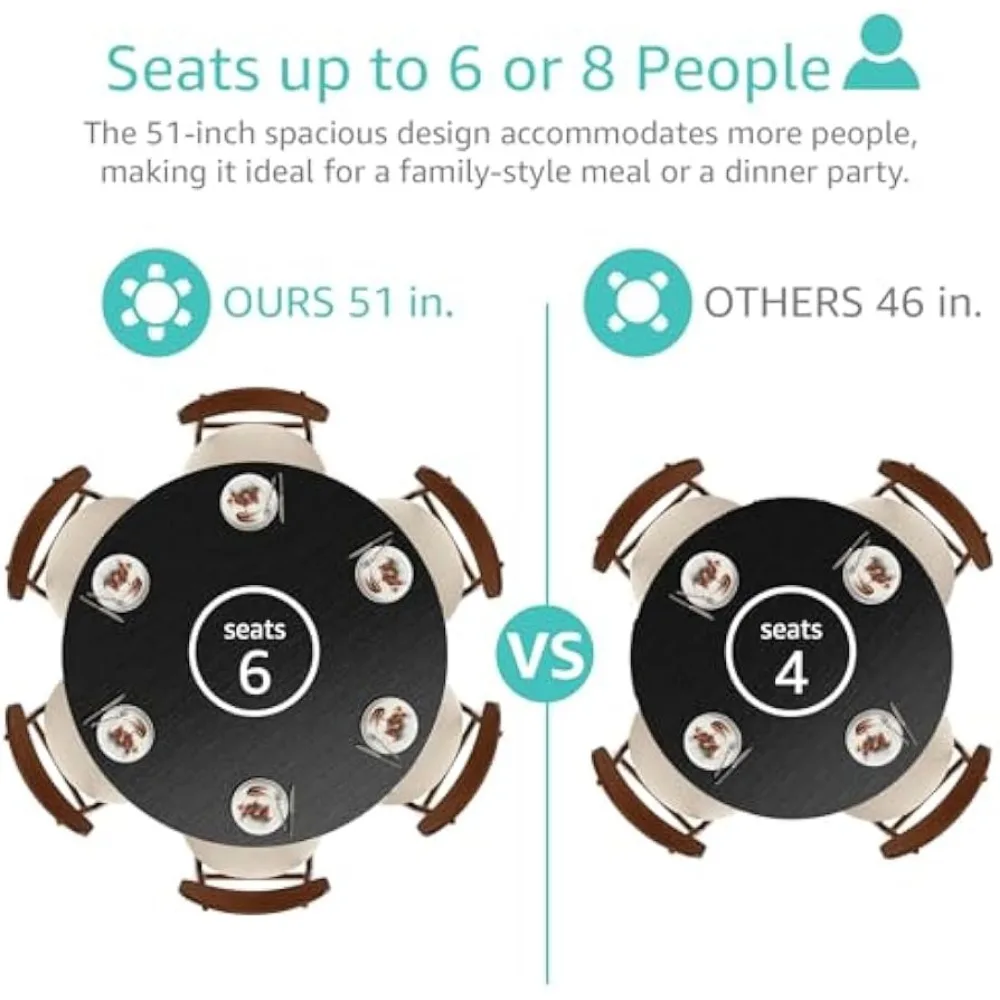 Black Round Dining Table for 6 - Modern Circle 51 Inch Large Room Kitchen Dinning Tables for 4 to 6 Person Seats Small Spaces 4