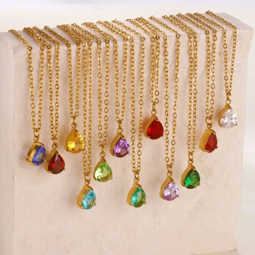 Stainless Steel Teardrop Birthstone Necklaces For Women