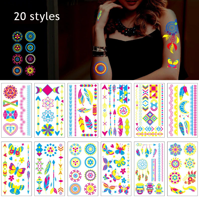 

Luminous Tattoo Sticker Fake Tattoo Dark Waterproof Sexy Temporary Tattoo Stickers Body Art Fluorescent Tattoo Sticker Party Use