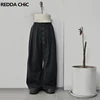 REDDACHiC Irregular Buttons Dress Pants Women Men Black Elastic Waist Wide Leg Pleated Front Suit Trousers Work Casual Clothes 1