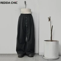 REDDACHiC Irregular Buttons Dress Pants Women Men Black Elastic Waist Wide Leg Pleated Front Suit Trousers Work Casual Clothes 1