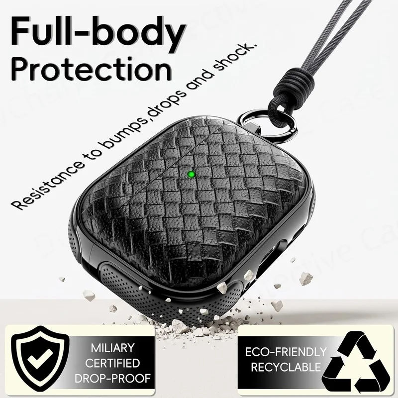 Woven Leather Texture Headphone Case with Lanyard, Non-Slip Earbuds Holder