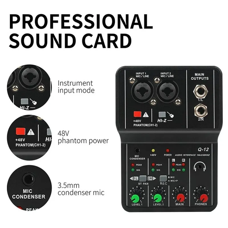 Audio Mixer Q-12 Professional Portable Mixer Sound Card with Monitor for Electric Guitar Live Broadcast Recording Studio Singing Computer PC