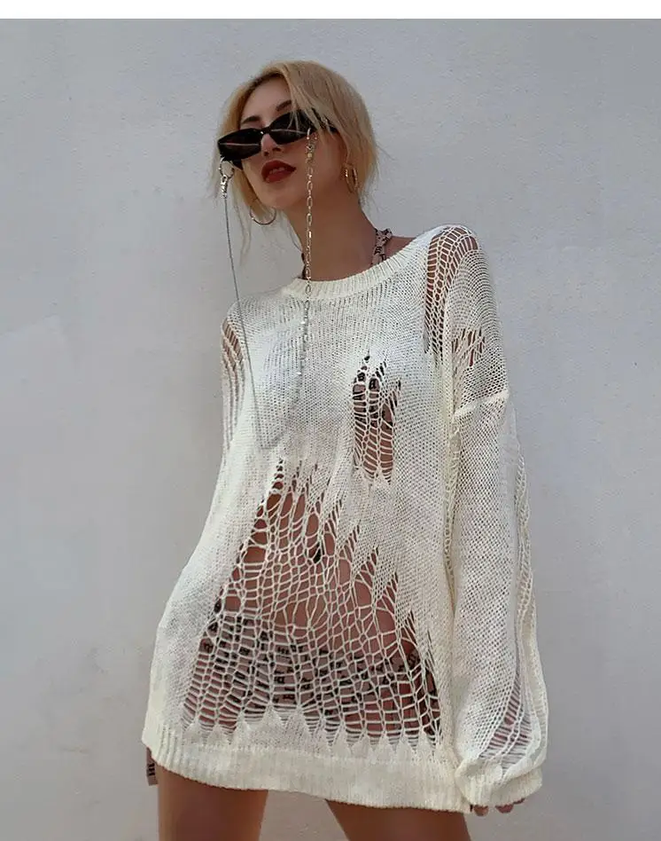 Solid Long Sleeve Hollow Out Sweater