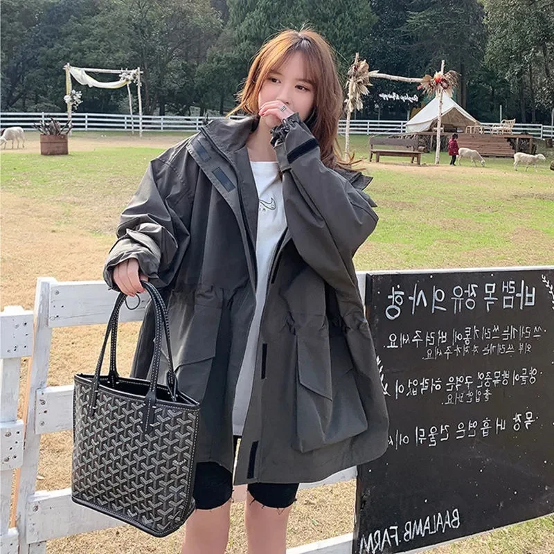 Tooling Trench Coat Female 2022 Spring and Autumn Long BF Hong Kong Style Korean Version Loose Casual Hooded Charge Clothes X483