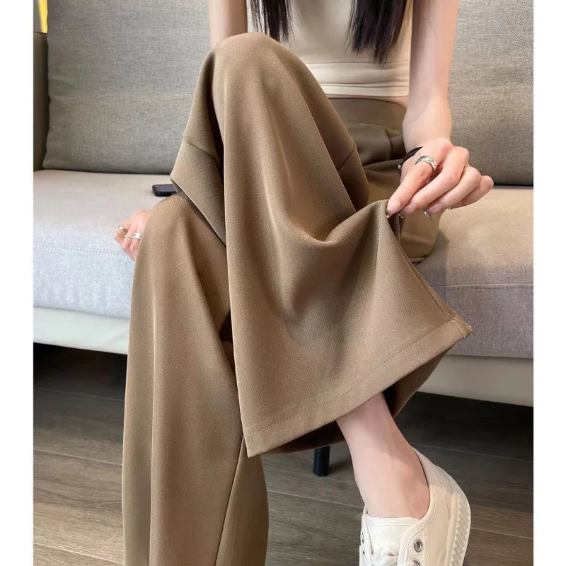 Women Summer Korean New Ice Silk High Waist Elastic Pants Fashion Temperament Pocket Solid Color Large Versatile Wide Leg Pants