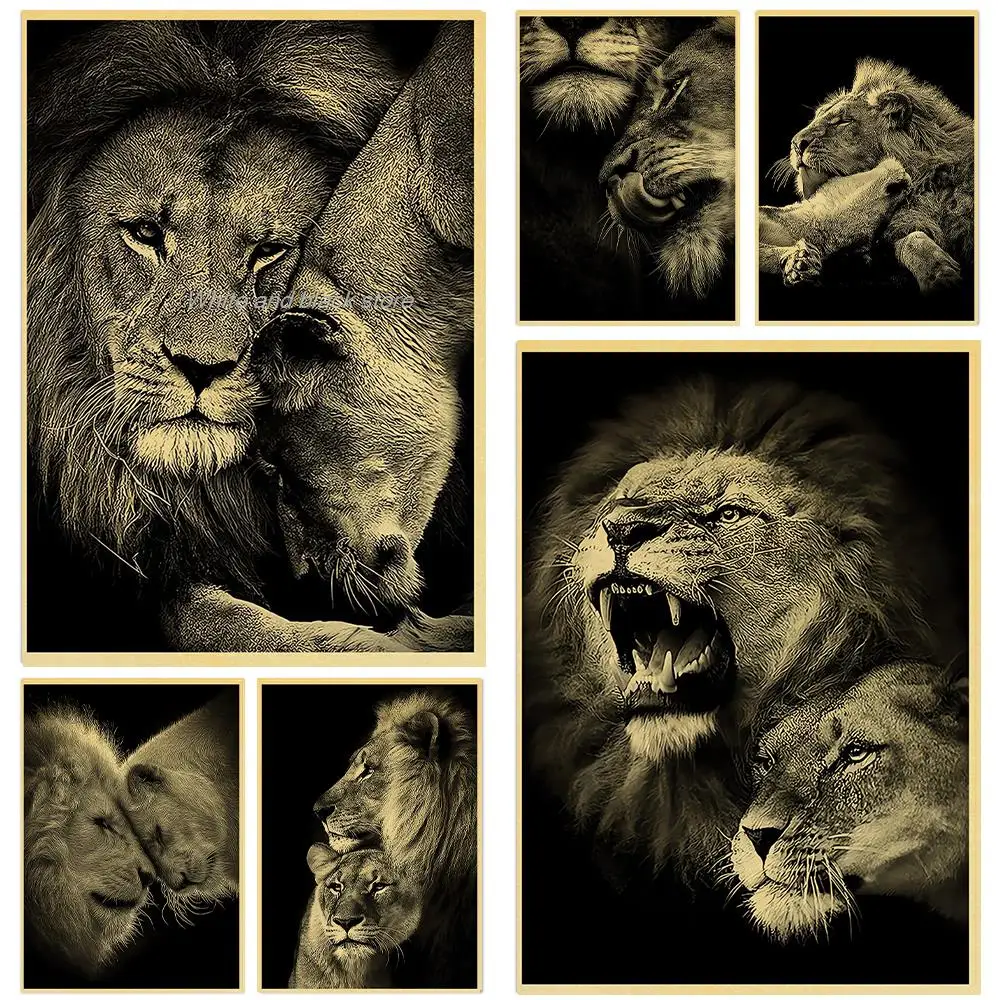 

Vintage Black and White Lion Family Posters Print Kraft Wall Art Painting Picture Decor Bedroom Livingroom Office Aesthetic Art