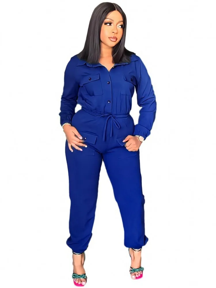 

Drawstring Slim Waist Women Jumpsuit Solid Color High Waist Long Sleeve Romper Casual One-piece Outfits Overalls Autumn New