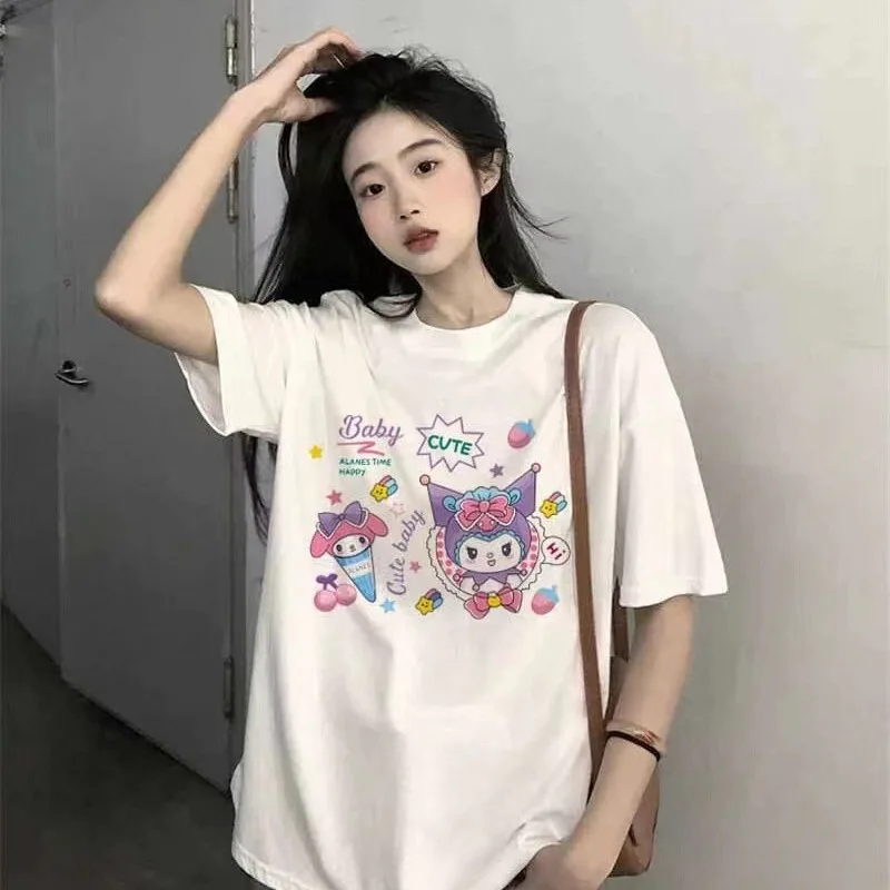 

Новинка, летняя мультяшная футболка Sanrios из чистого хлопка, футболка Hellokitty Y2K с коротким рукавом, аниме топы Kuromi, свободные облегающие спортивные рубашки, подарок