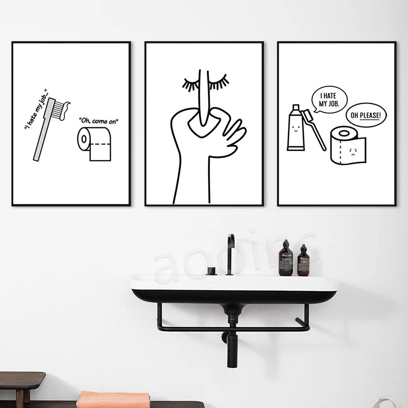 Poster Toile 50x70 Cm Humour Salle De Bain - Brosse à Dents Et Papier Toilette "Je Déteste Mon Travail" - Déco Murale Sans Cadre - 2