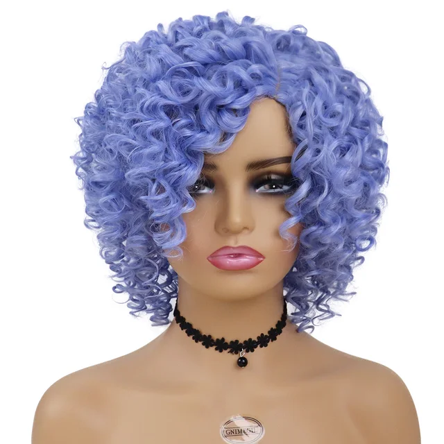 Synthetic African American Wig Natural Synthetic Short Afro Kinky Curly Wig Female Hair Ombre Brown Waving Wig for Woman Sale Blue