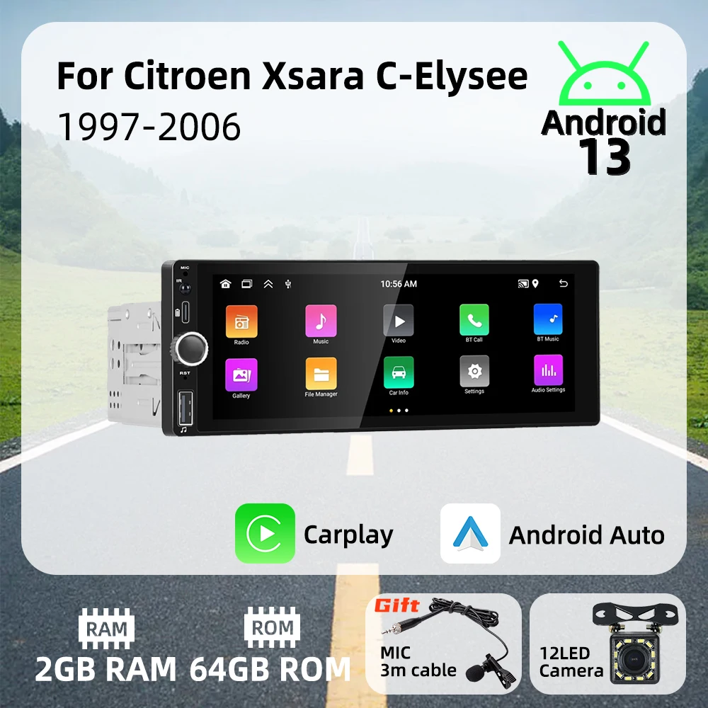 

6.86" Carplay Android Auto Android Car Multimedia 1Din Radio for Citroen Xsara C-Elysee 1997-2006 Stereo Head Unit Autoradio GPS