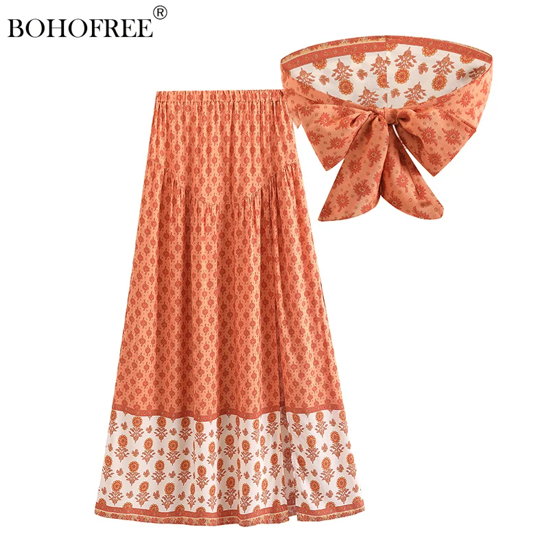 

Boho Setwear RayonCotton Summer Beach Dress Set Vest Woman Beachwear saia Split Hem Floral Print Bohemian Maxi Fadal Skirt