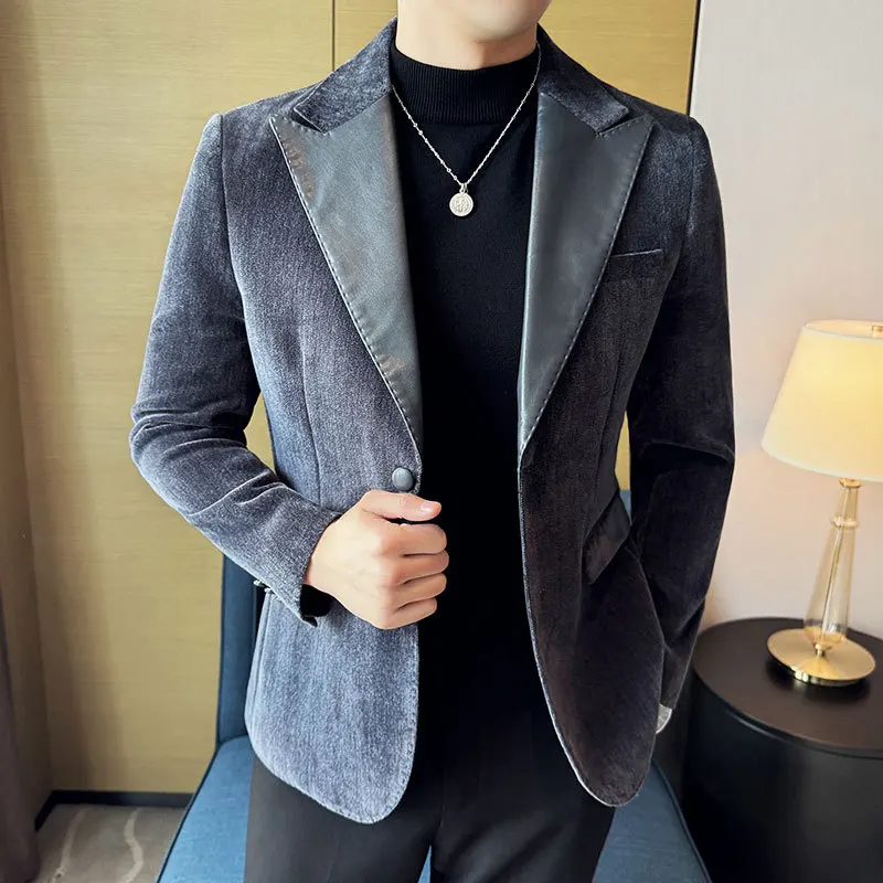 Splicing Leather Neck Fashion Suit Jacket Luxury Men's Business Slim Fit Social Formal Blazers Coats Wedding Groom Tuxedos 5XL-M