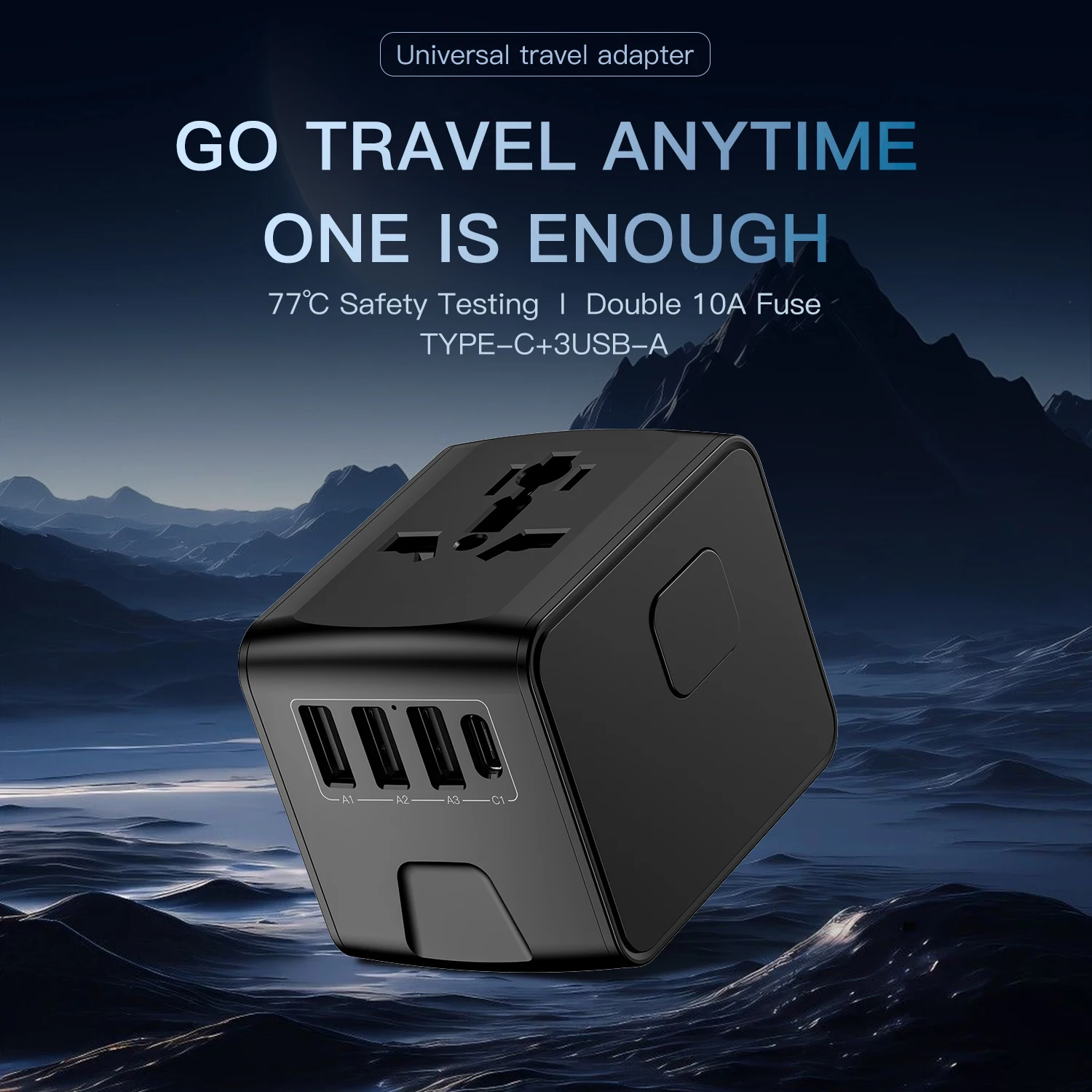 Universal Travel Adapter with High-Speed Charging, 4 USB Ports and Type-C