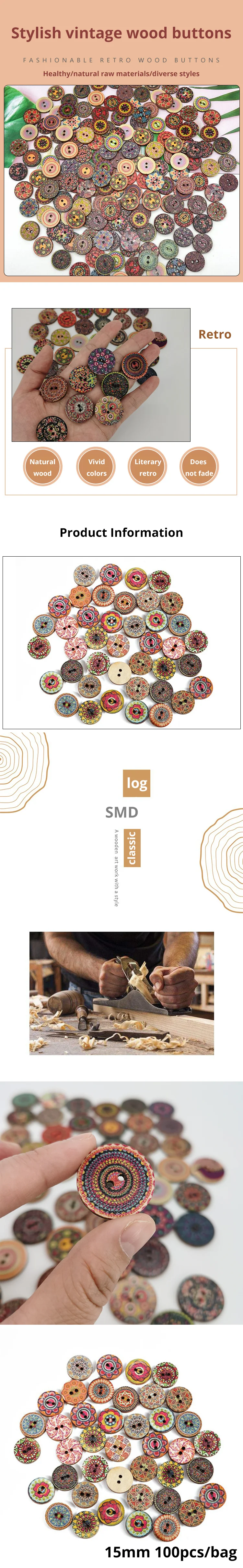 Description Picture 2 of item100pcs Round Two-Holes Vintage Buttons 15mm For Clothes Decoration Mixed Color Wooden Buttons DIY Sewing Supplies