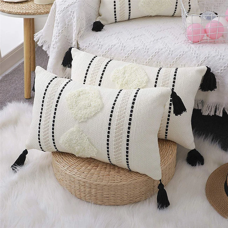 Getufteter Kissenbezug, 45 x 45/30 x 50 cm/50 x 50 cm, weiß, schwarz, Kissenbezug, gewebte Quasten, für Zuhause, Schlafzimmer, Wohnzimmer, Dekoration – Detail 7