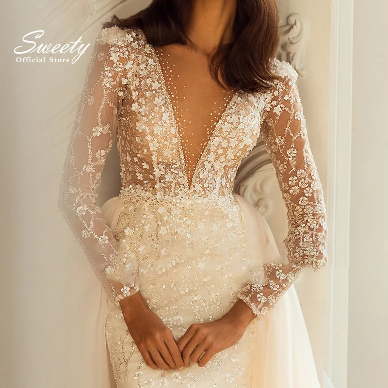 Luxury Detachable 2 In 1 Wedding Dress Embroidered Lace On Net With Train V-neck Sleeveless Vintage Bride Gowns Vestido De Novia
