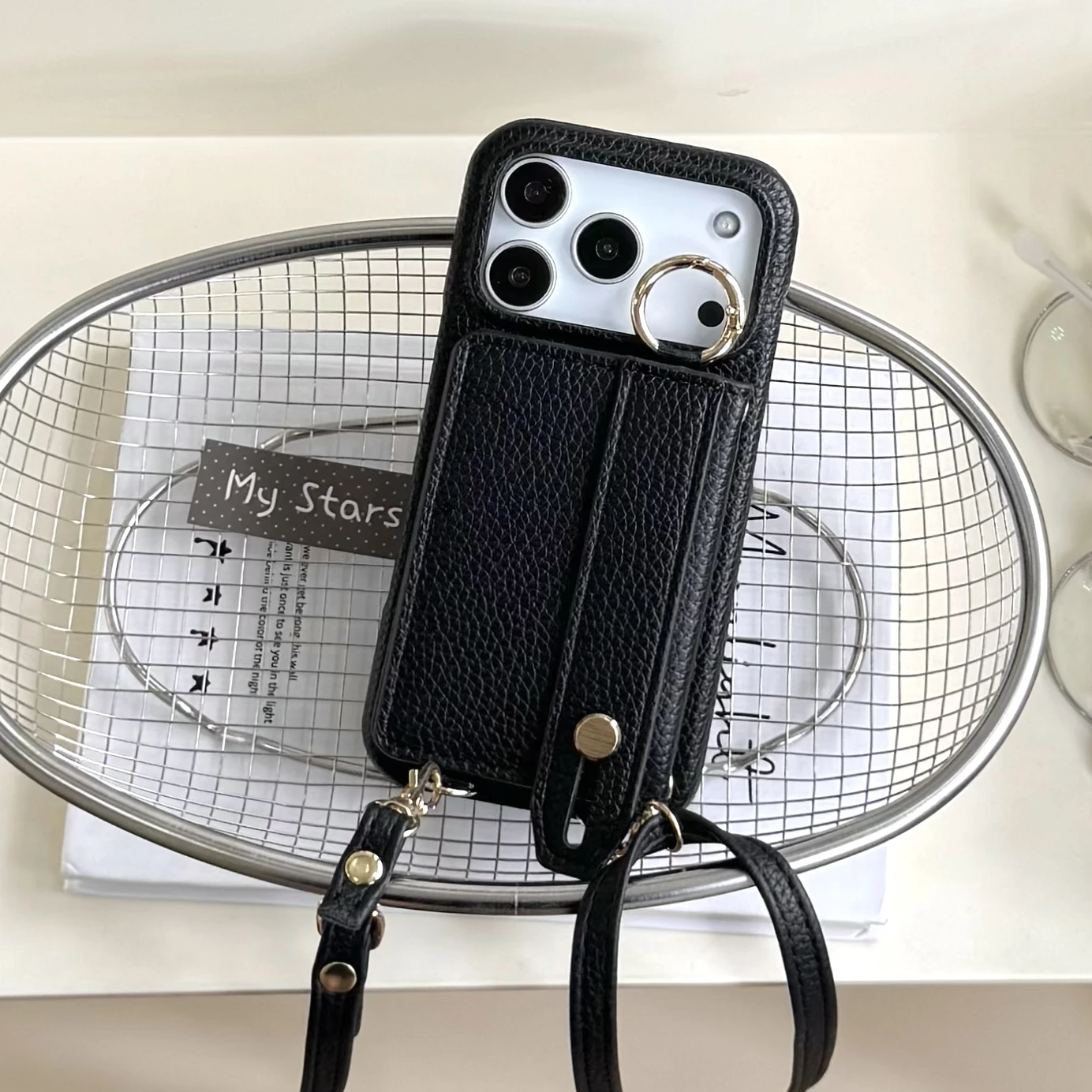 Versatile Leather Wallet Case with Wrist Strap, Crossbody Ring Holder, and Magnetic Closure