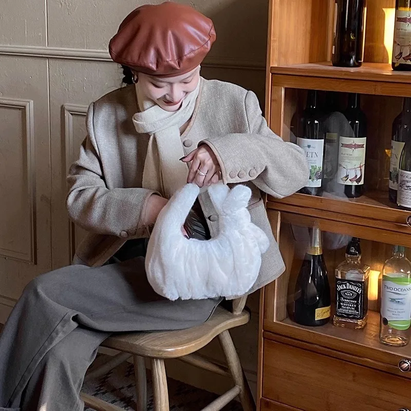 Cozy Chic Women's Autumn Winter New Plush Bag - Solid Color Ruffled Cloud Handheld Versatile Plush Tote Purse for Home Use