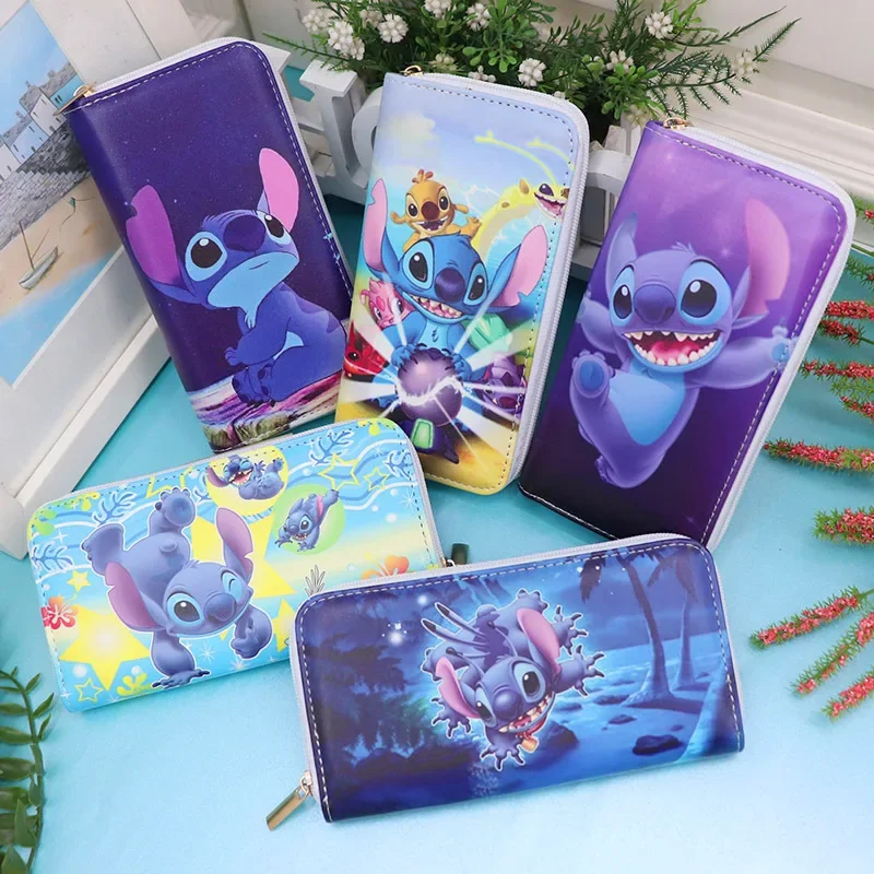 New Disney Women Wallet Stitch Cartoons Long PU Coin Purse Bag for Phone Card Holder Cute Printing Fashion Money Clip Clutch Bag first layer cowhide cute creative mini bag ins long ladies clutch mobile phone wallet genuine leather wallet women