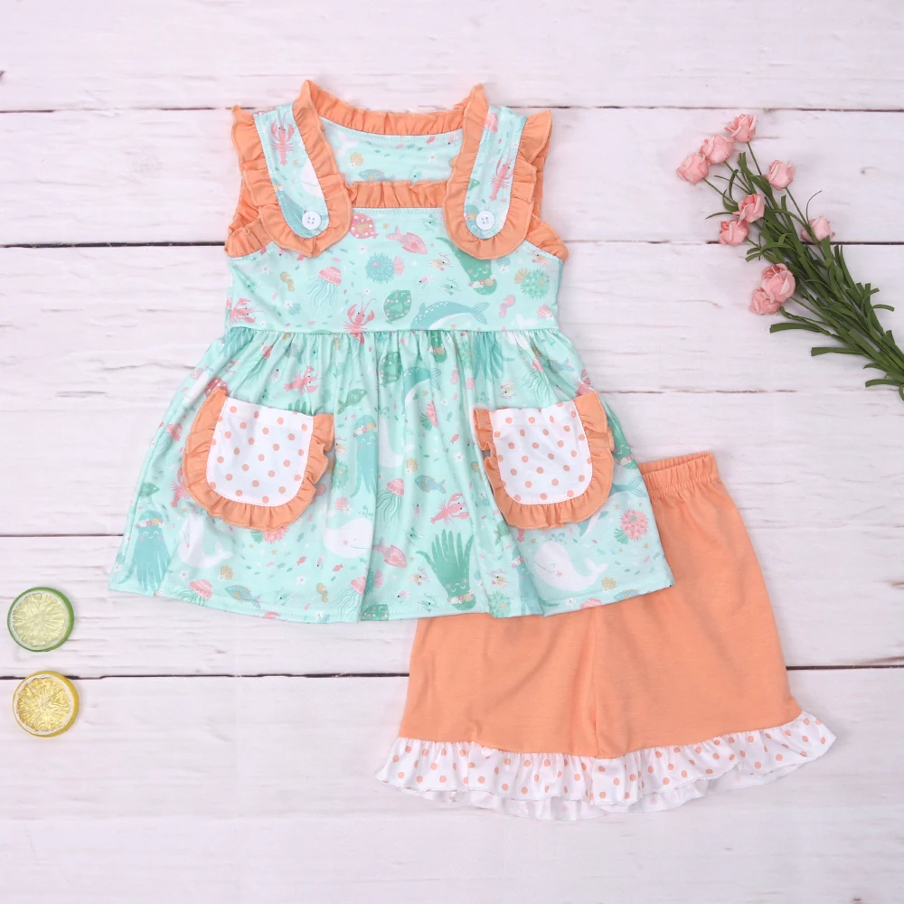 

Baby New Cotton Green T-shirt Set Round Neck Whale Print Girl Top Clothes And Polka Dot Pleated White Hem Orange Shorts Suit